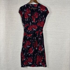 Chaps Floral Wrap Dress M Faux Wrap V Neck Ruched Waist Stretch Midi Stretch
